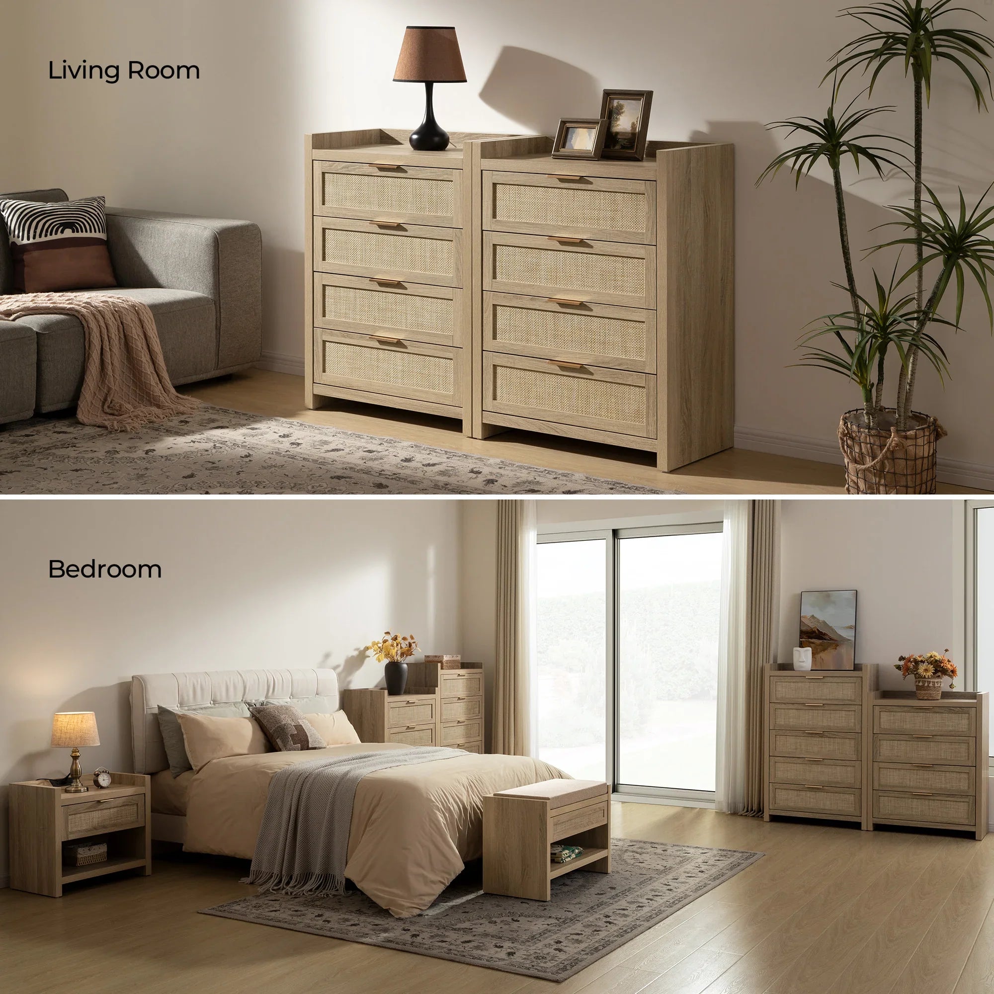 Modern light wood rattan dressers in living room and bedroom settings with neutral decor