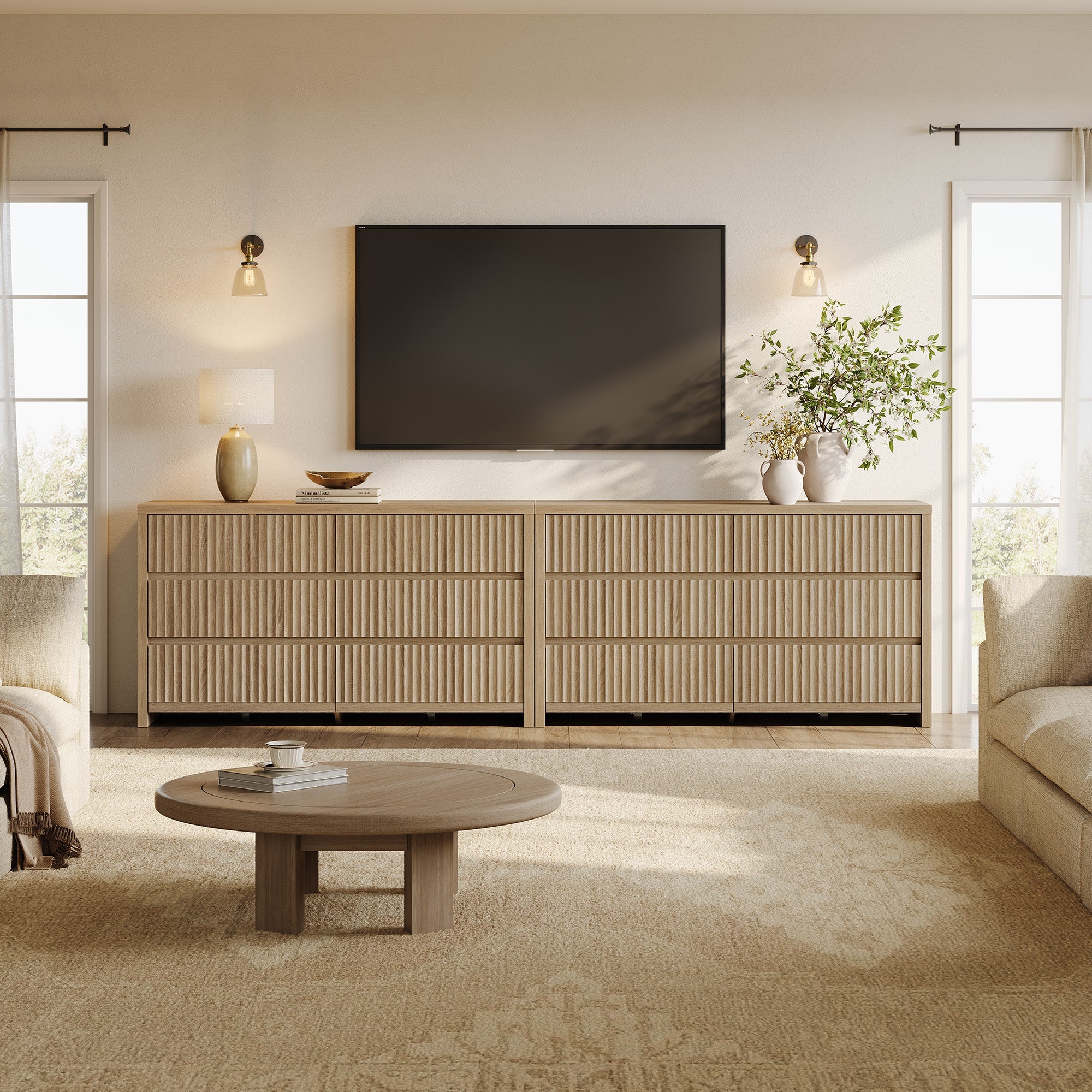 Prelude Set of 2 Modern Dresser with 6 Drawers, 55Inch Wide