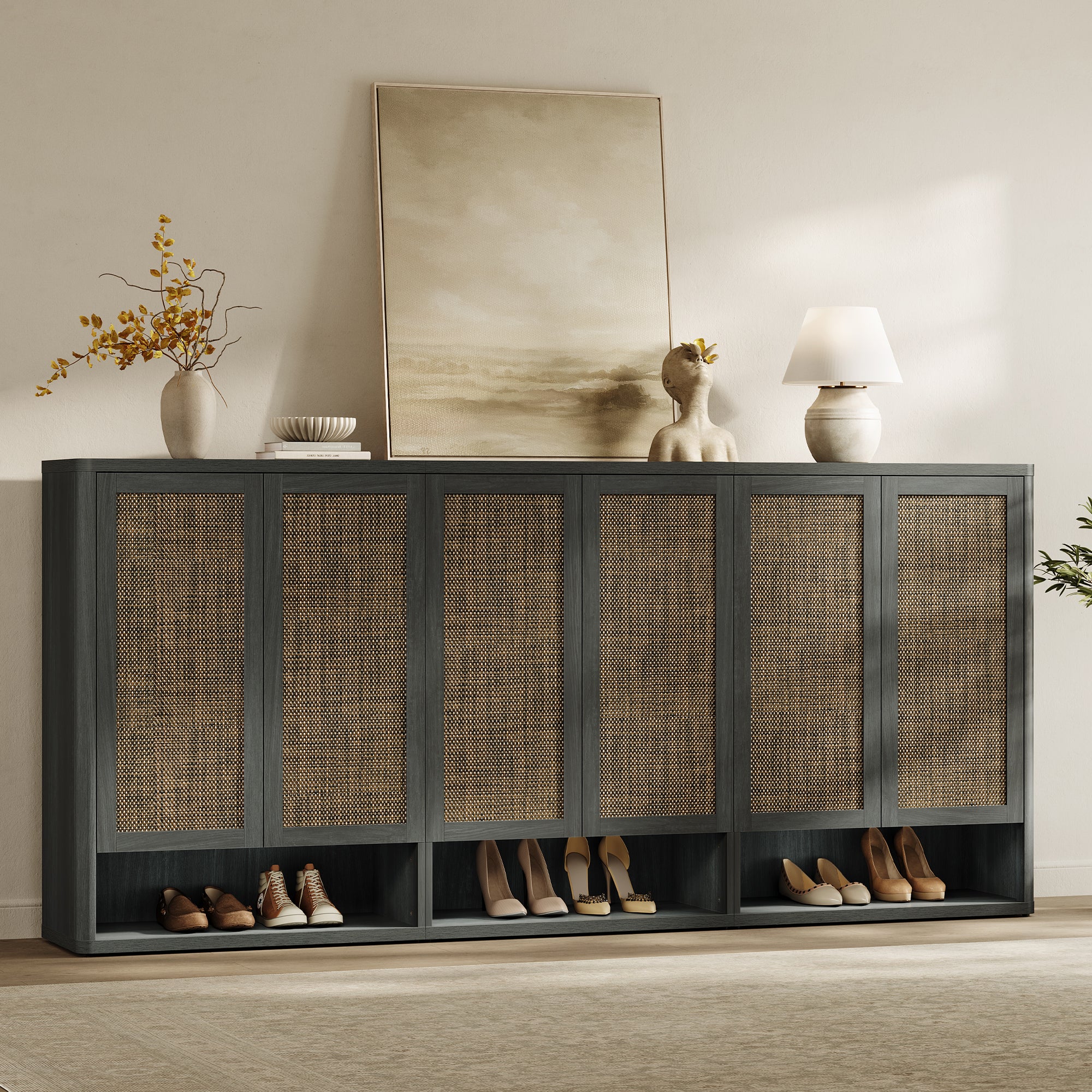 Zura Modern 3-Piece Rattan Shoe Cabinet, 70 Pairs