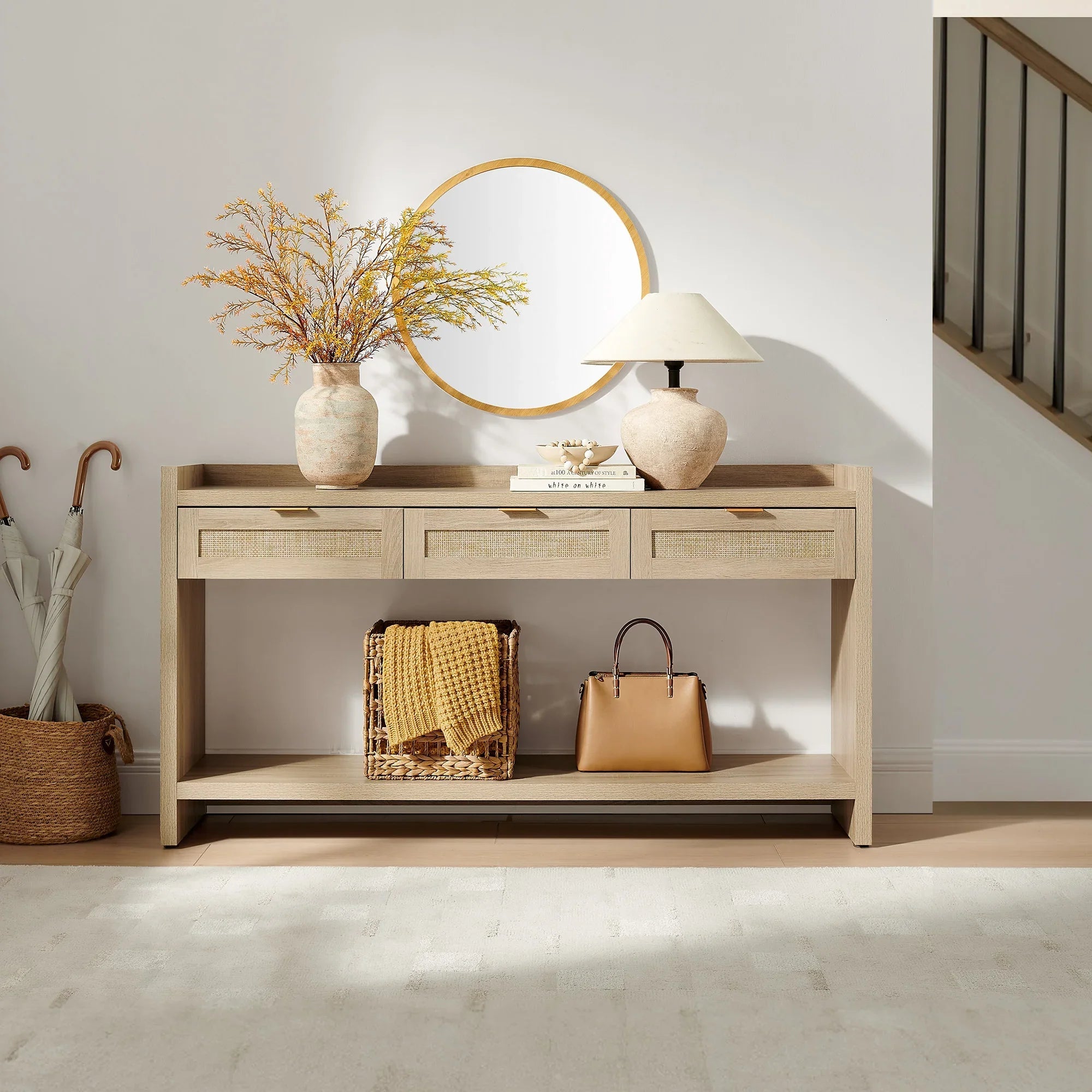 Savanna Rattan Console Table, 32'' Tall, Large Storage