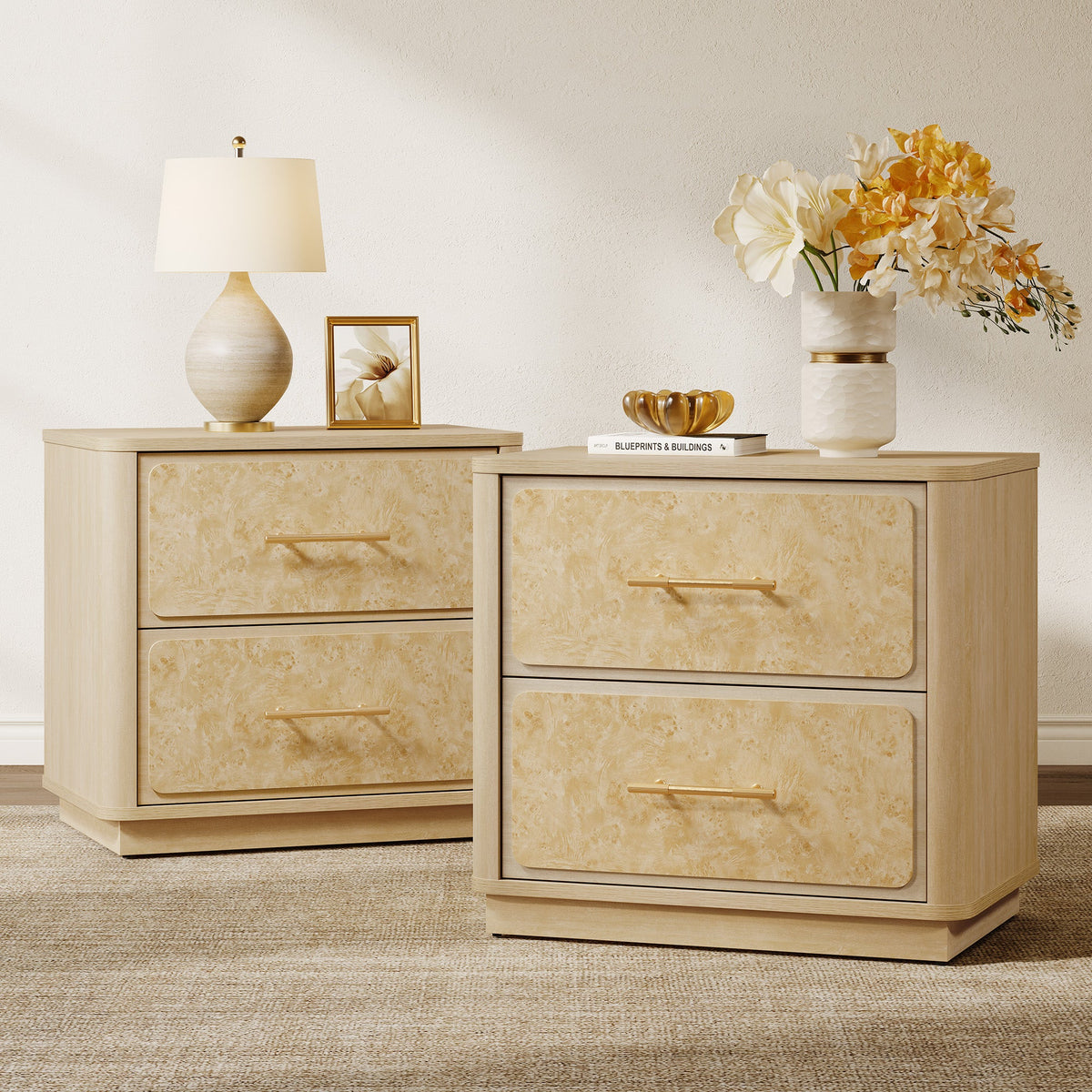 Burluxe Modern Nightstand with 2 Drawers, Set of 2