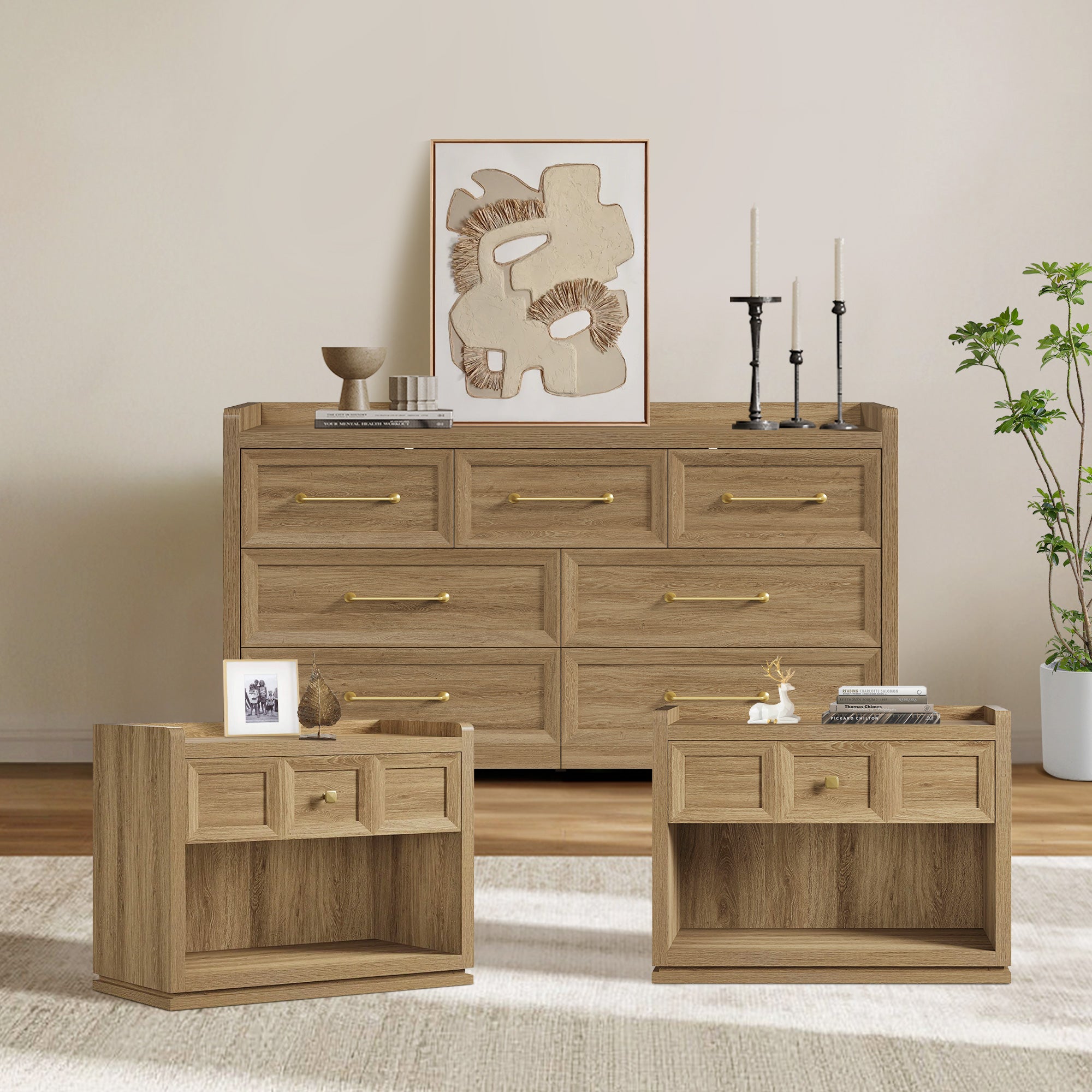 Helio White Dresser and Nightstands Set, Large Storage