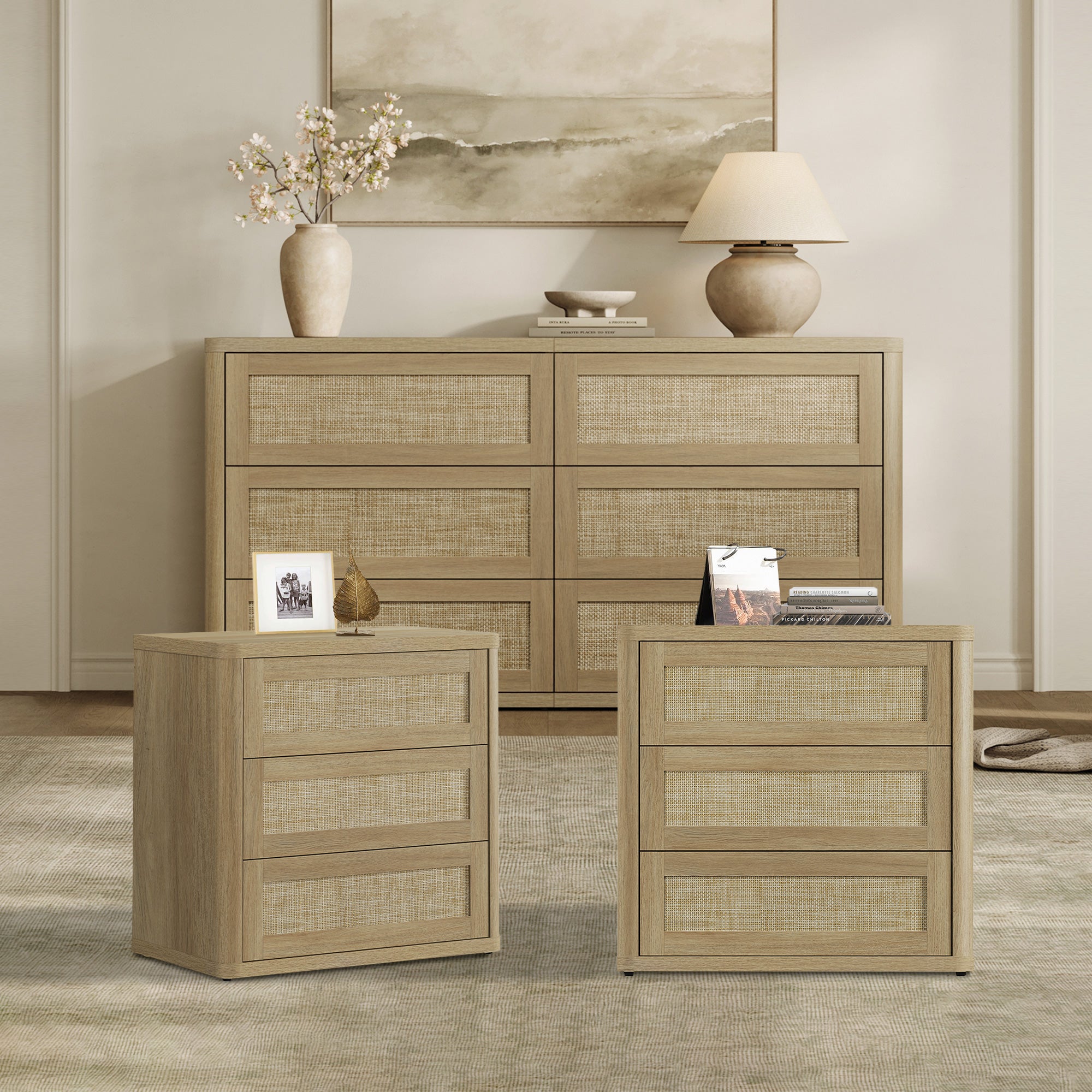Zura Rattan Dresser and 3-Drawer Nightstand Set