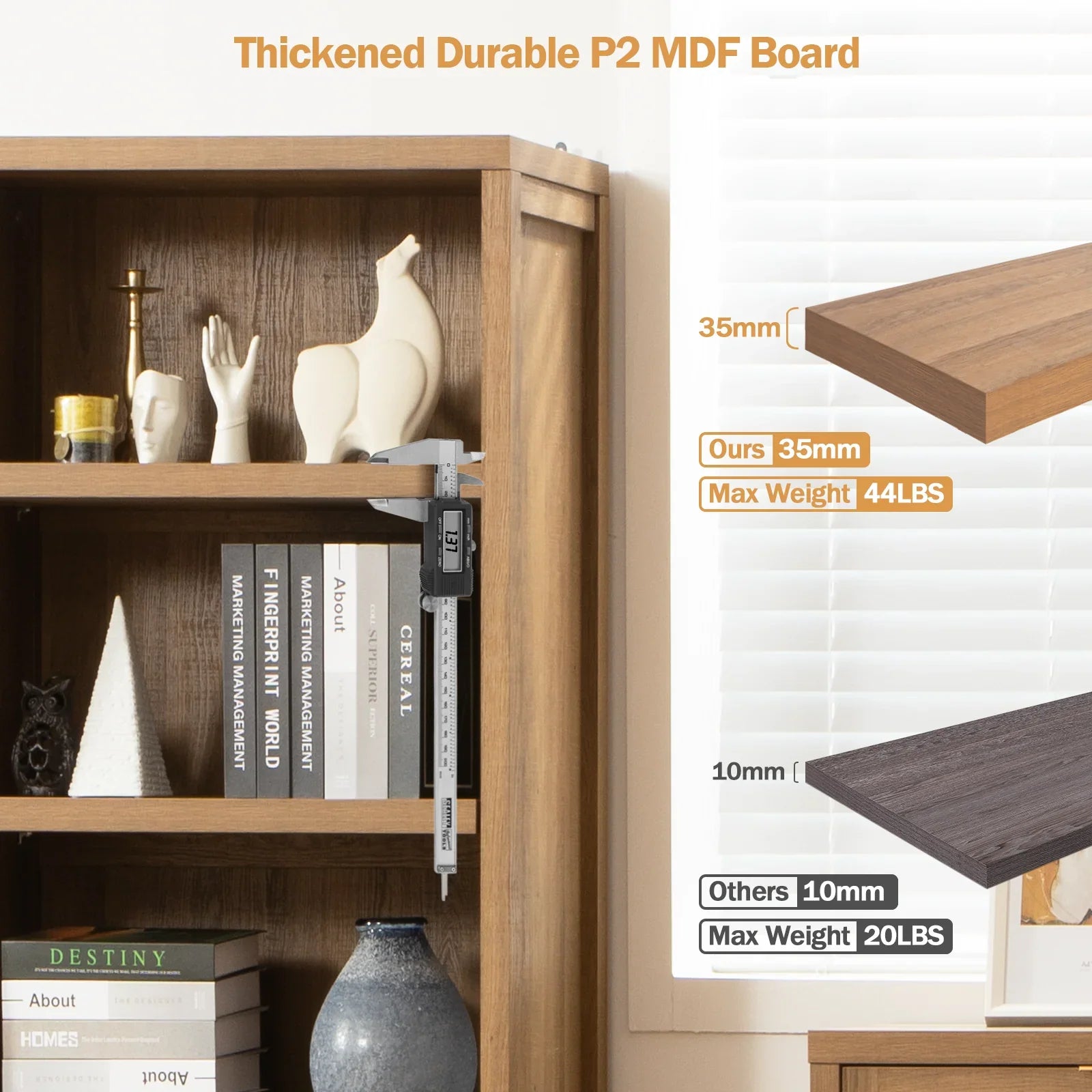 Thickened P2 MDF board bookshelf with 35mm shelf, digital caliper, and comparison chart