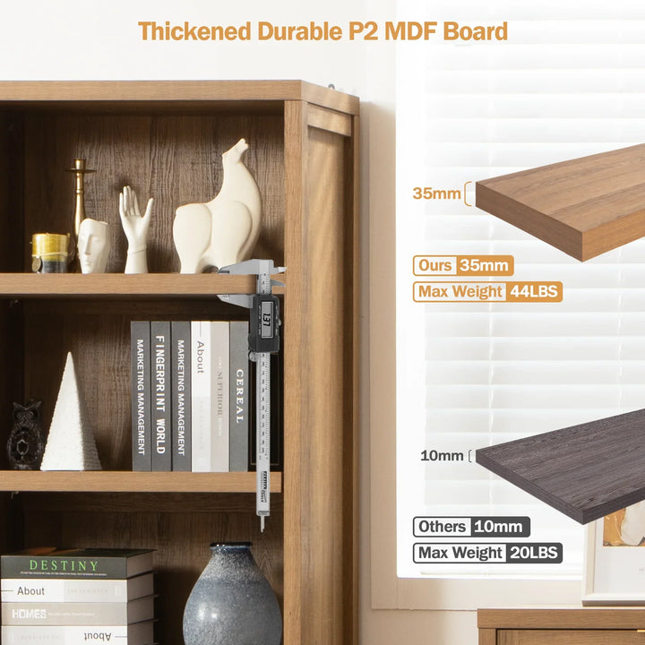 Thickened P2 MDF board bookshelf with 35mm shelf, digital caliper, and comparison chart