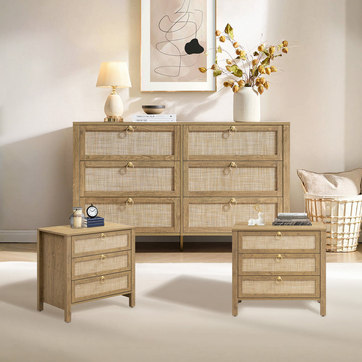 Terra 6 Drawers Dresser And Nightstands Sets, Golden Handle