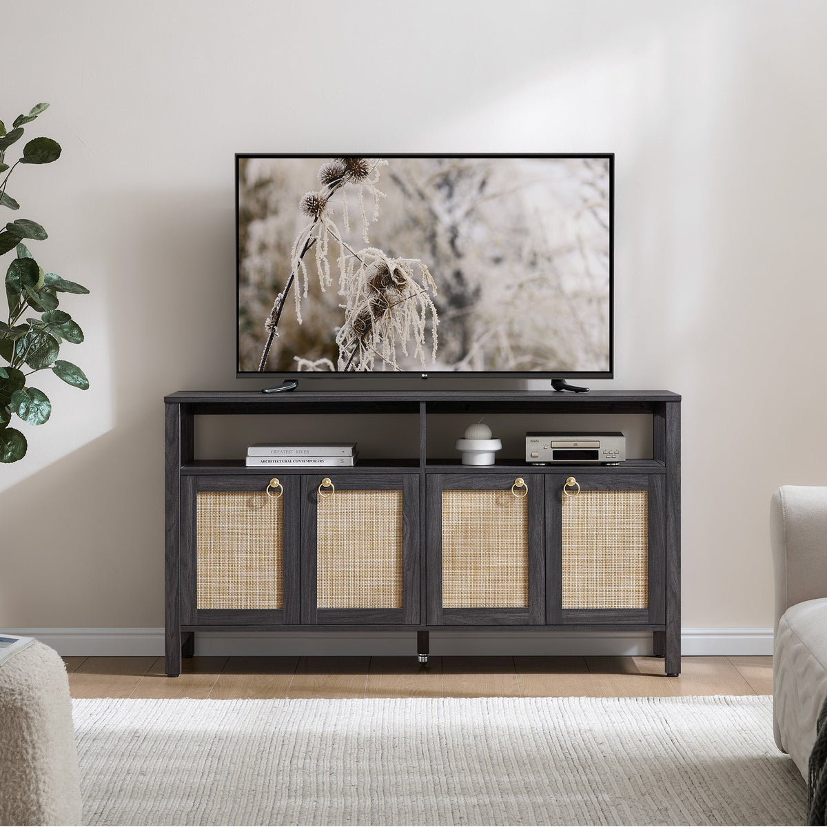 Terra White TV Stand for 65 Inch TV - 1 Piece - Obsidian