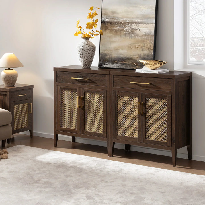 Modern living room with dark wood and rattan sideboard, neutral decor, and abstract art