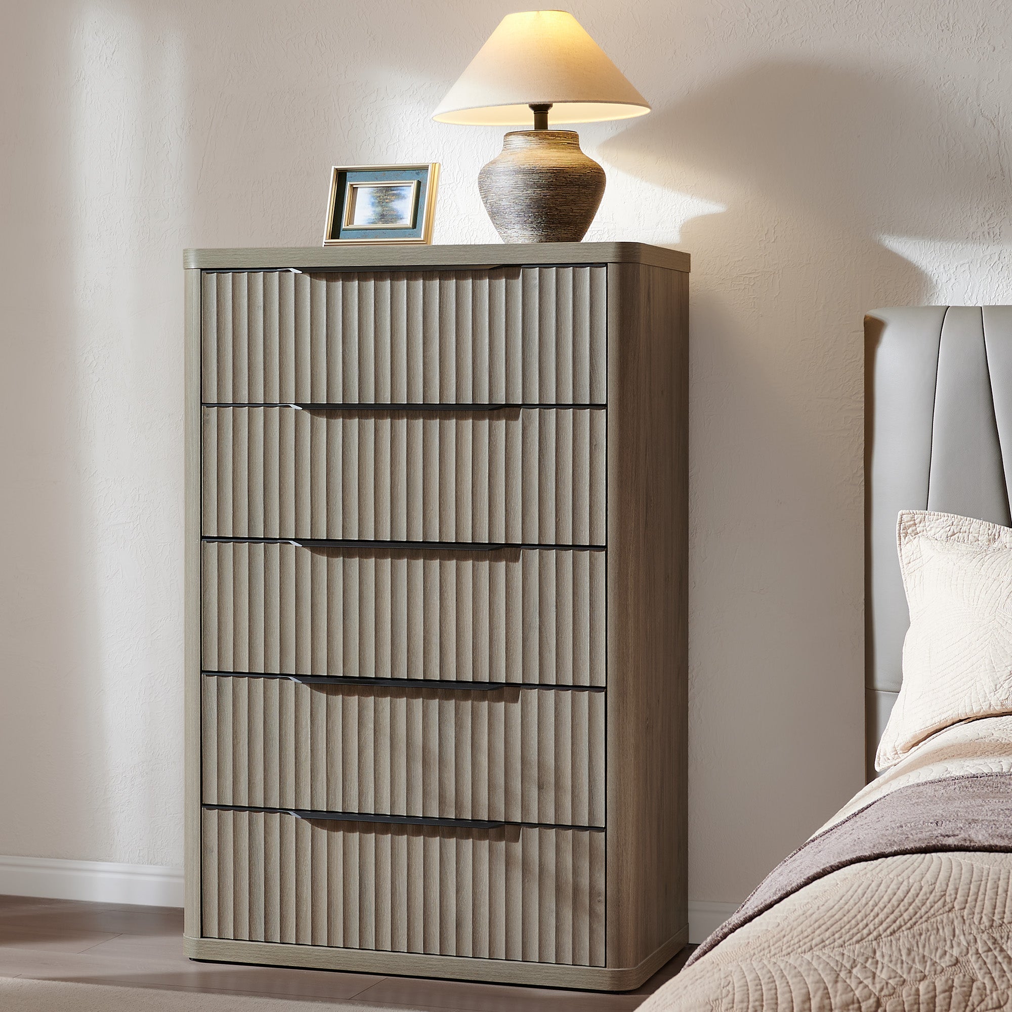 SICOTAS Tall Dresser Fluted 5 Drawer Dressers Vertical Chest of Drawers Organizer, Modern Dresser for Closet Storage for Nursey Bedroom