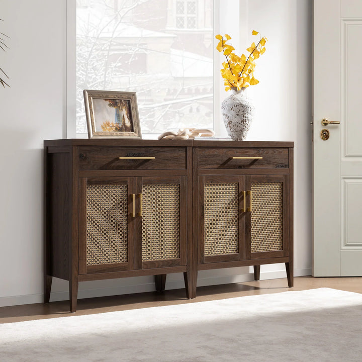 Modern entryway with dark wood sideboard, woven rattan doors, vase with yellow flowers