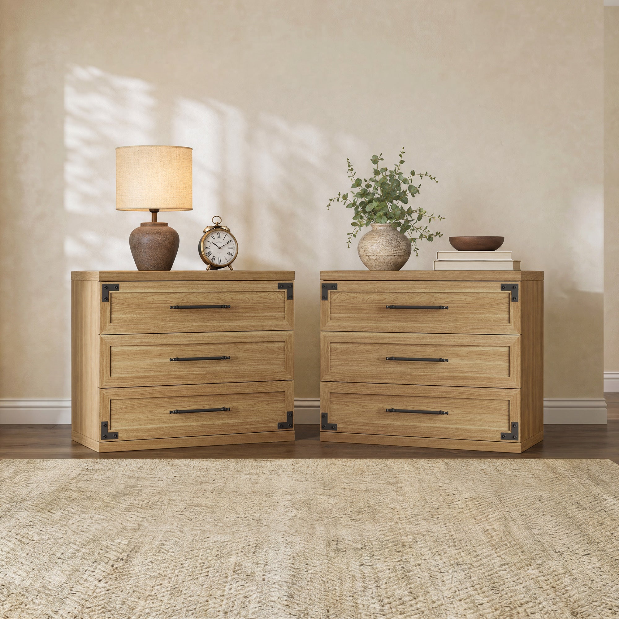 Willow 3-Drawers Nightstands Set - 2 Pieces - Oak Brown