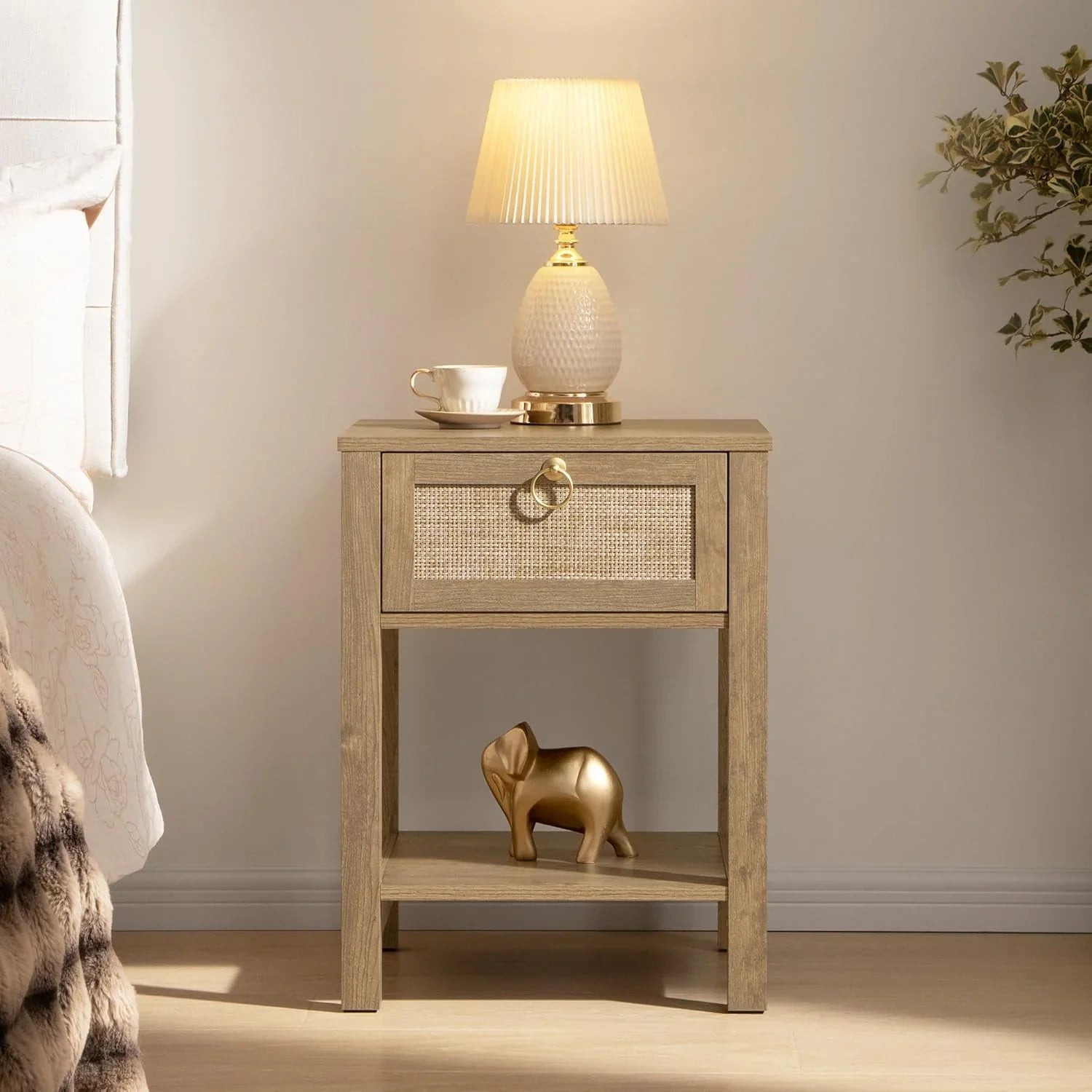 Terra Black Rattan Nightstand - 2 Pieces - White Cream Oak