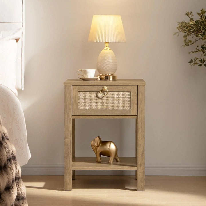 Terra Black Rattan Nightstand - 2 Pieces - White Cream Oak