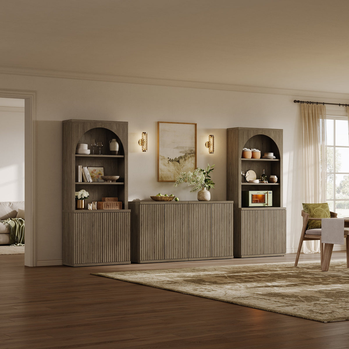 Stria Arched Bookcase with Fluted Cabinet Doors, Set of 2