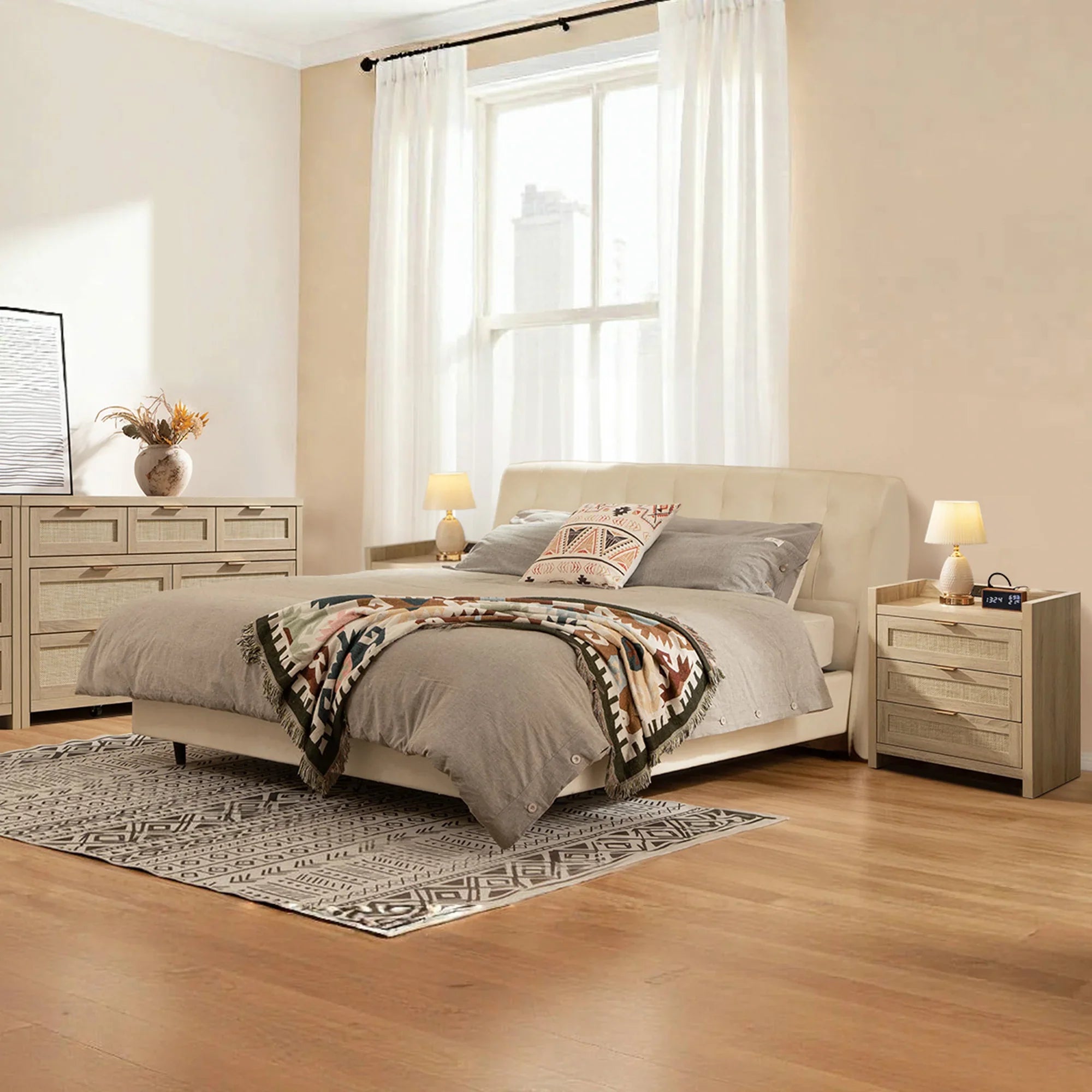 SICOTAS 3 Piece Modern Bedroom Sets, Rattan Dresser and Nightstand Sets, Farmhouse 6-Drawer Dresser and 3-Drawer Nightstand with Charging Station