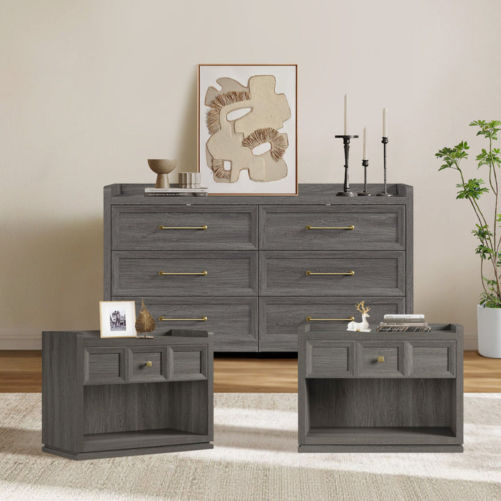Helio 6-Drawer Dresser and Nightstands Set For Bedroom