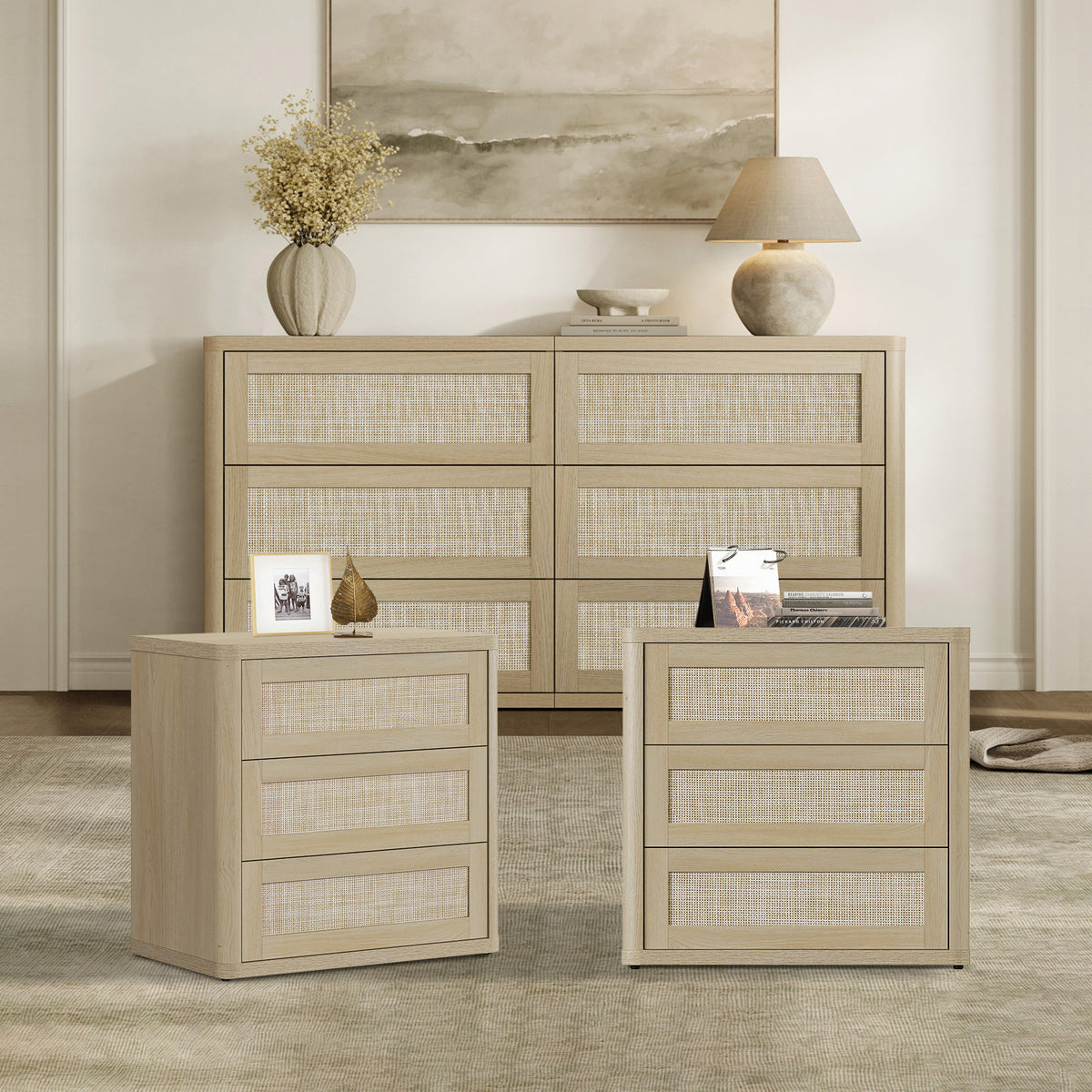 SICOTAS Zura Modular 3 Piece Bedroom Sets Dresser and Nightstand Set, Sand Oak Rattan 6-Drawer Dresser and 3-Drawer Nightstand Sets for Home