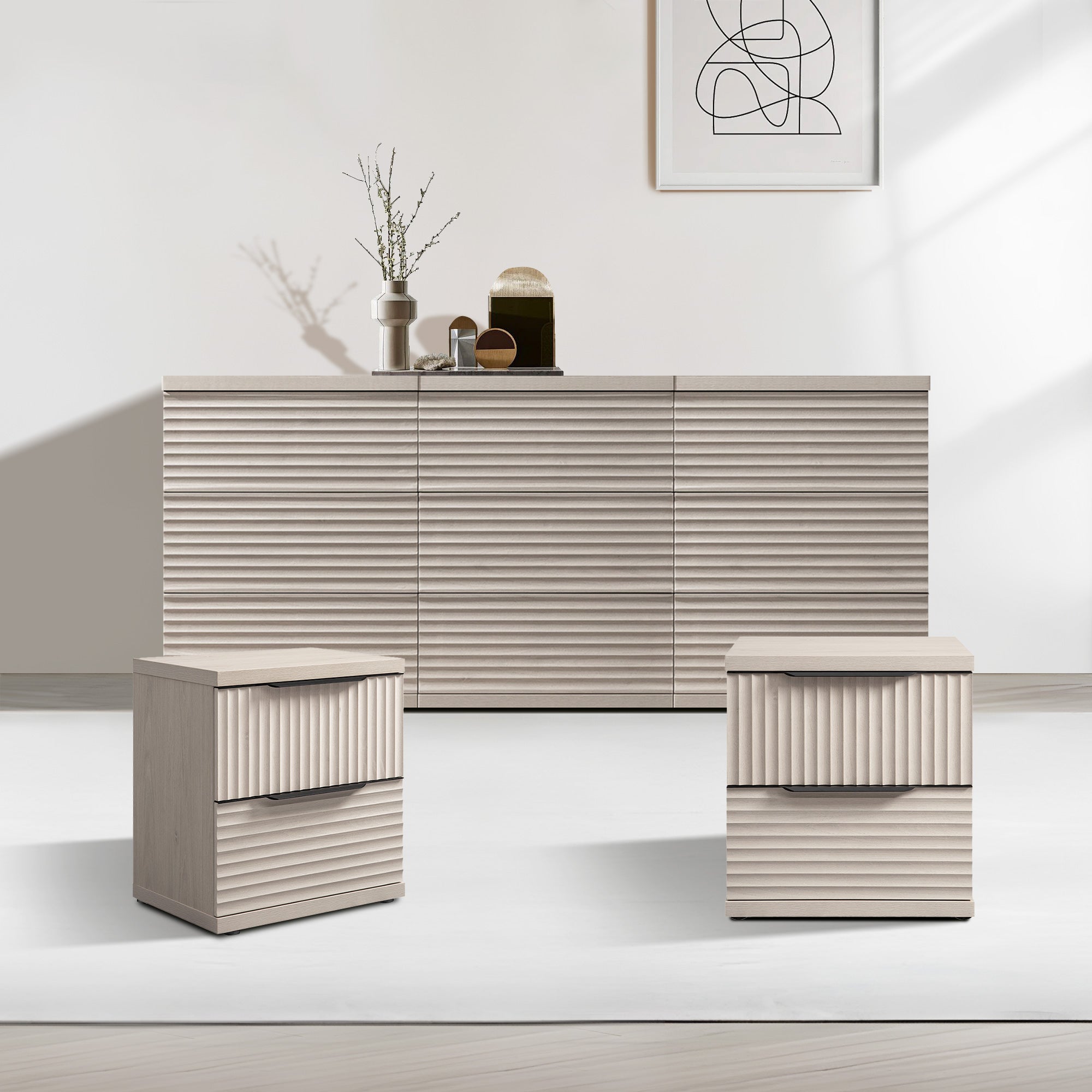 Stria Dresser and Nightstands Set, Large Storage