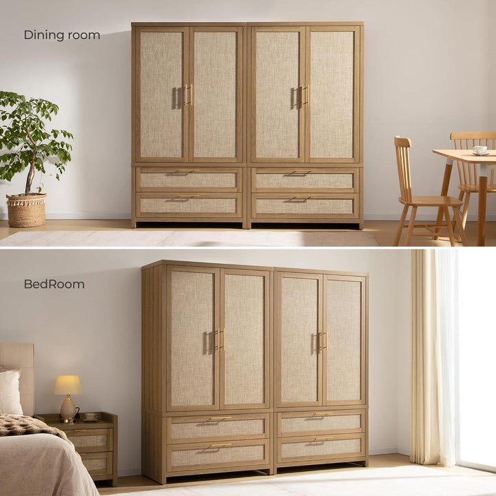 Savanna Rattan Wardrobe, 2 Drawers - 2 Pieces - Reclaimed Light Oak