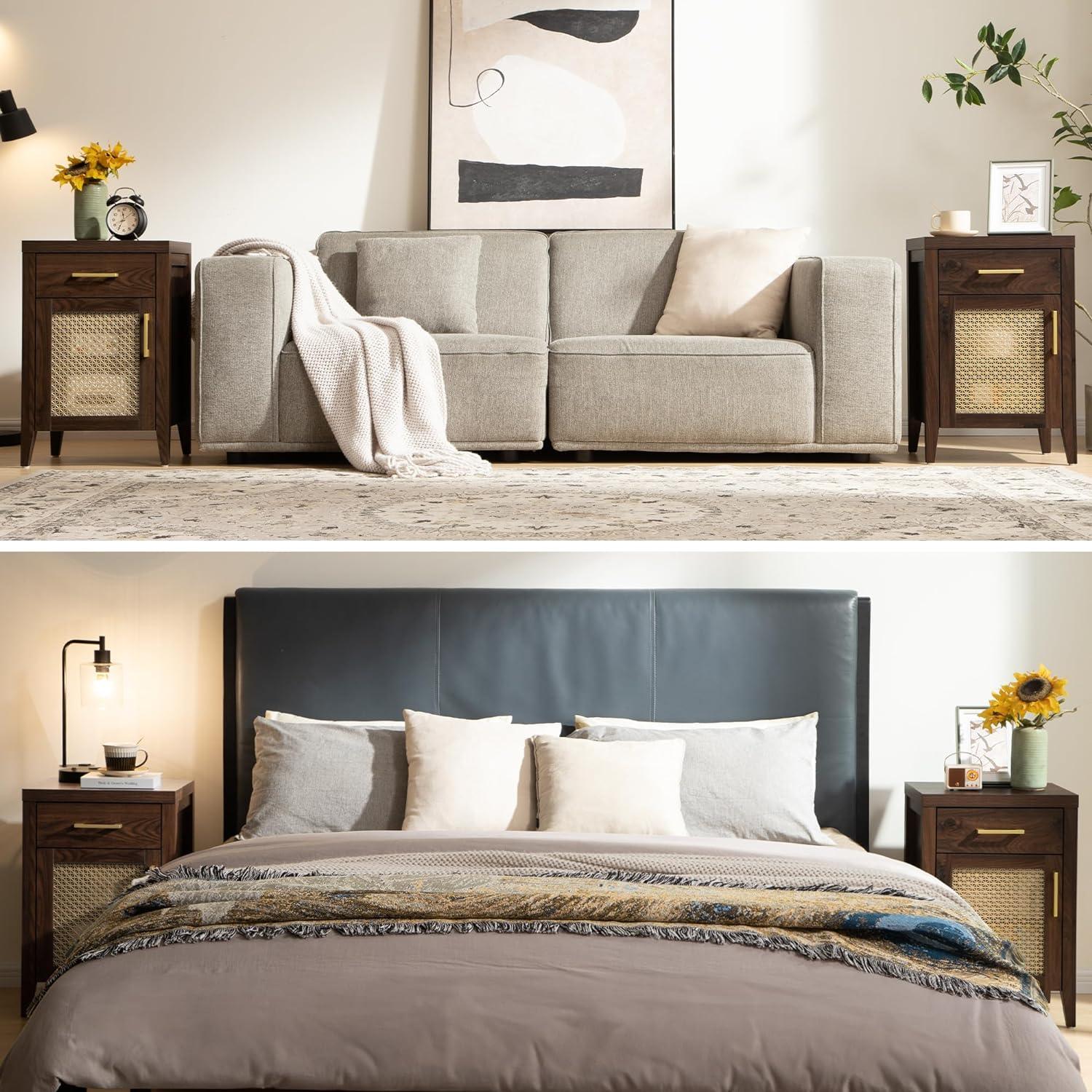 Modern living room and bedroom with gray sofa, bed, nightstands, and decorative accents