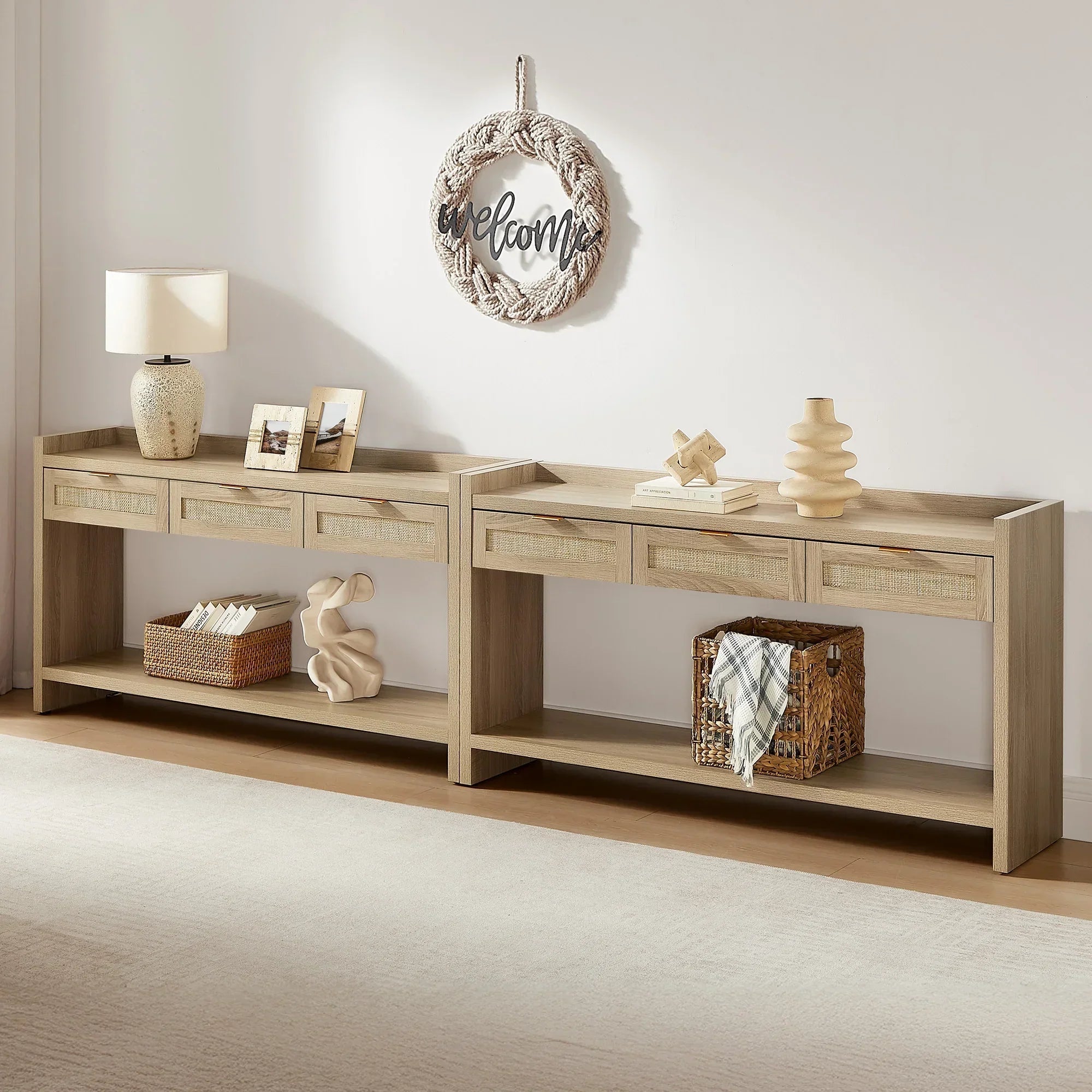 Savanna Rattan Console Table, 32'' Tall, Large Storage