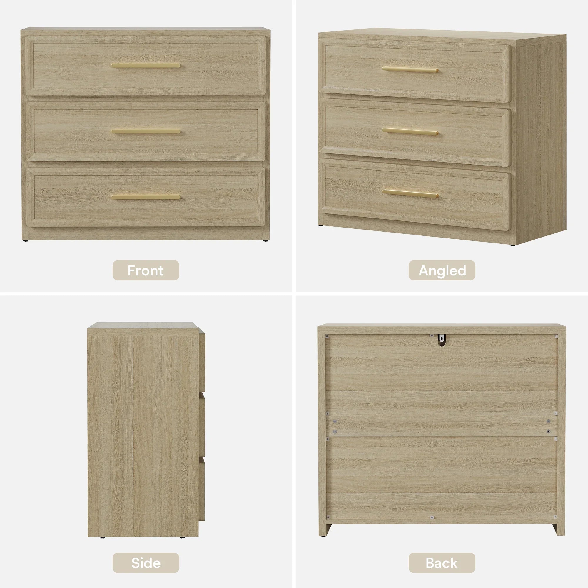 Light wood three-drawer dresser with gold handles shown front, angled, side, and back views