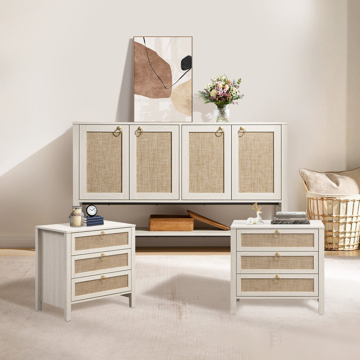 Terra 4 Doors Sideboard and 3 Drawers Nightstands Set
