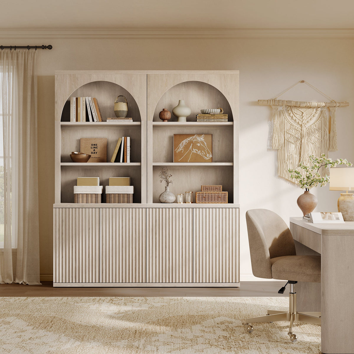 Stria Arched Bookcase with Fluted Cabinet Doors, Set of 2