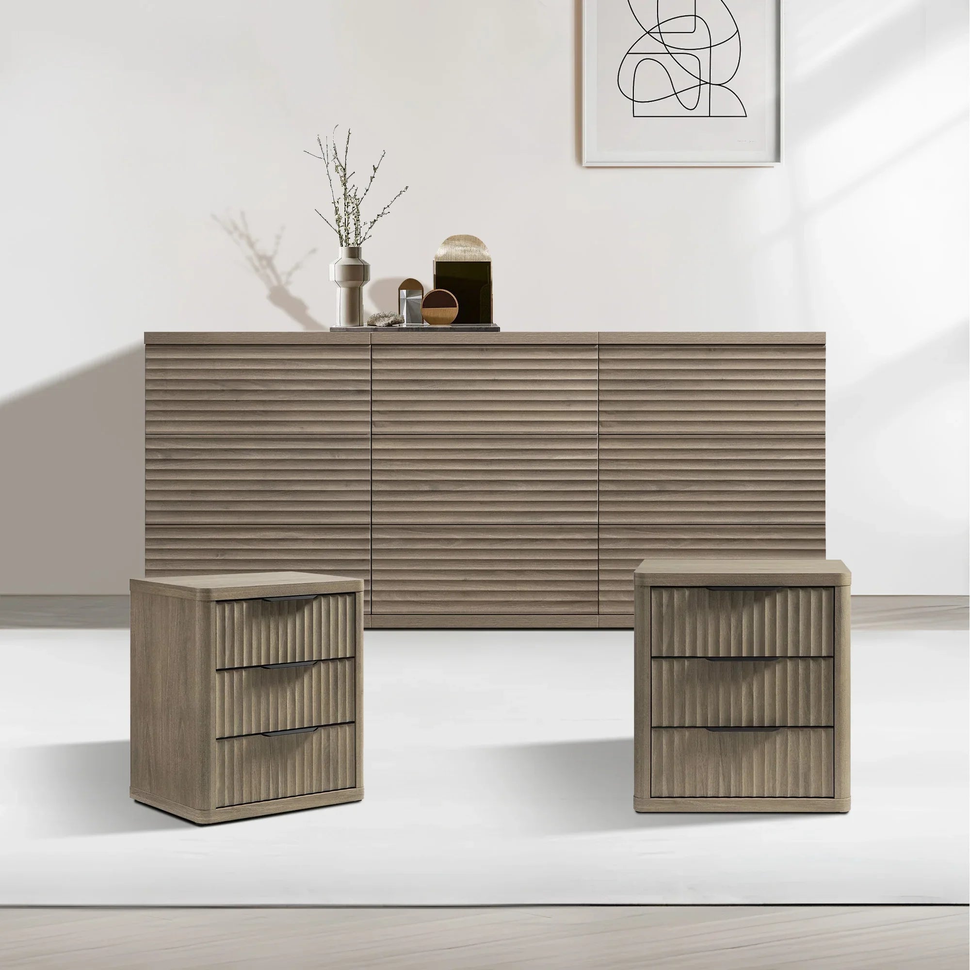 Stria 9-Drawer Dresser and Cas Nightstands Set