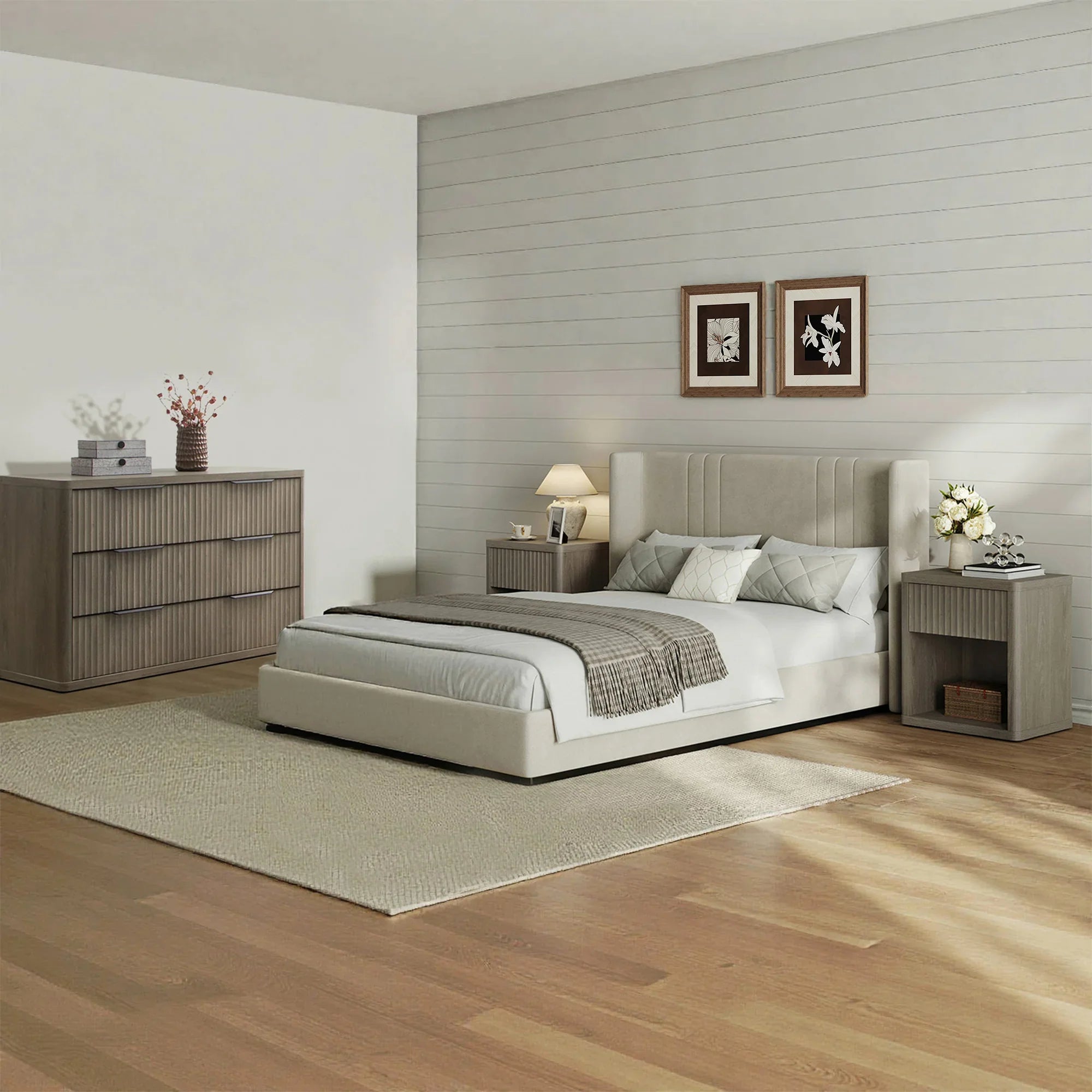 SICOTAS Fluted 3 Piece Bedroom Sets Dresser and Nightstand Sets, While Alder 6-Drawer Dresser and 2 Nightstand Set Dresser Set for Bedroom