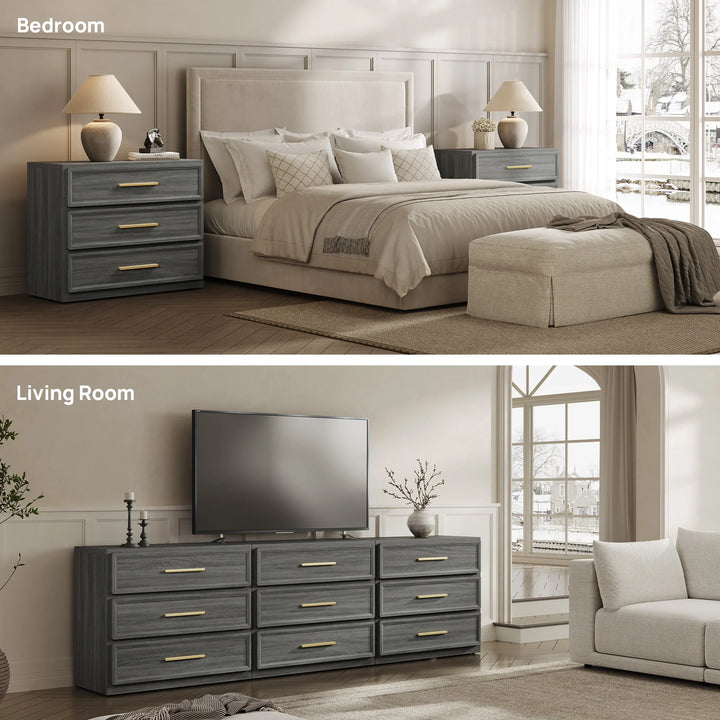 Modern gray dresser with gold handles in bedroom and living room settings with neutral decor
