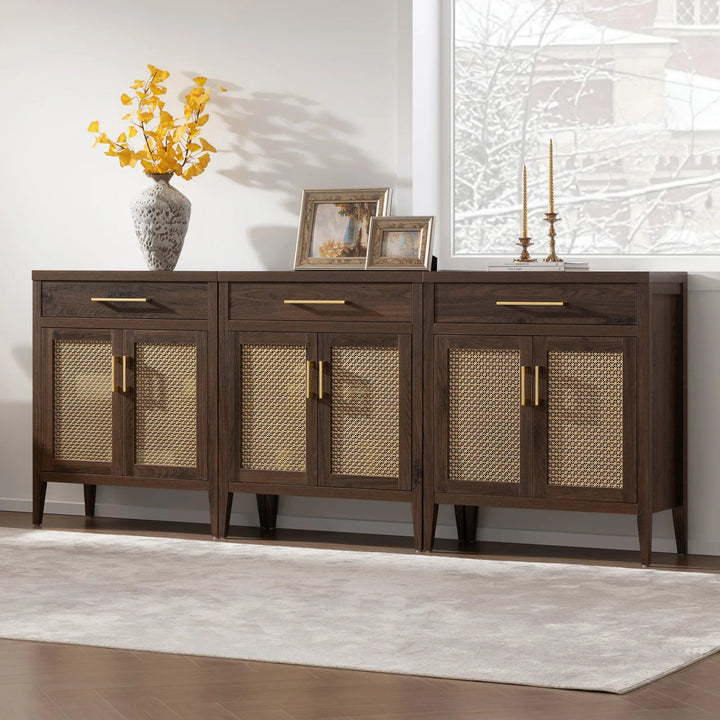 Mid-century modern wood and rattan sideboard with decor in bright living room