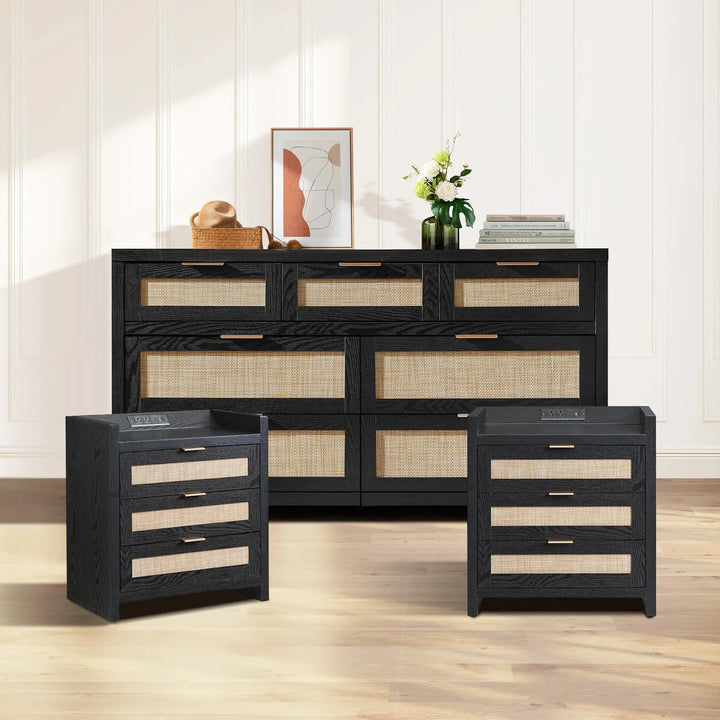 Savanna Rattan Dresser and 3 Drawers Nightstands Set