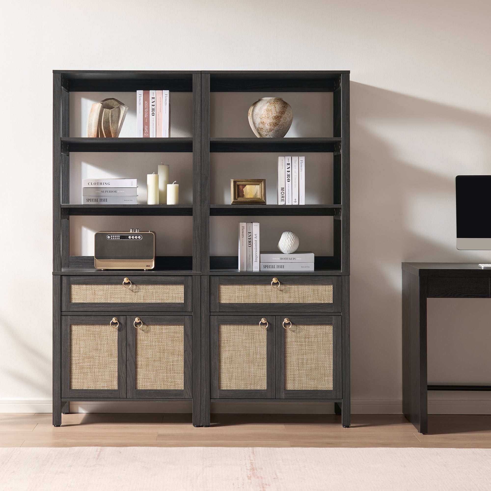 Terra Black Rattan Bookshelf, Large Storage