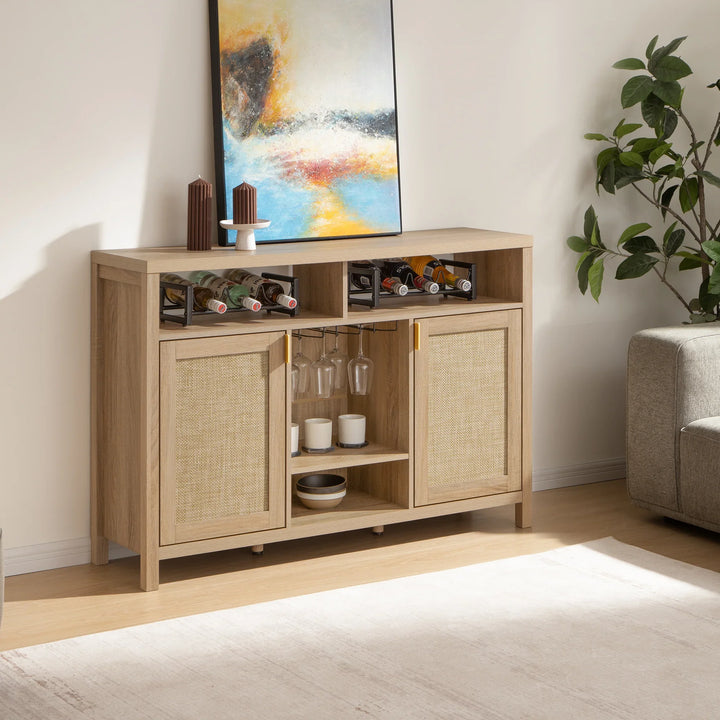 Modern wooden sideboard with wine storage, glass holders, and decor in bright living room