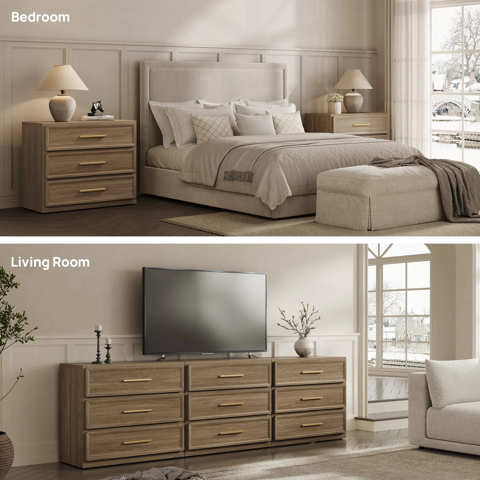 Crescent Modular 9 Drawers Dresser, 93.9 Inch Wide - Walnut Brown - 3-Piece Set