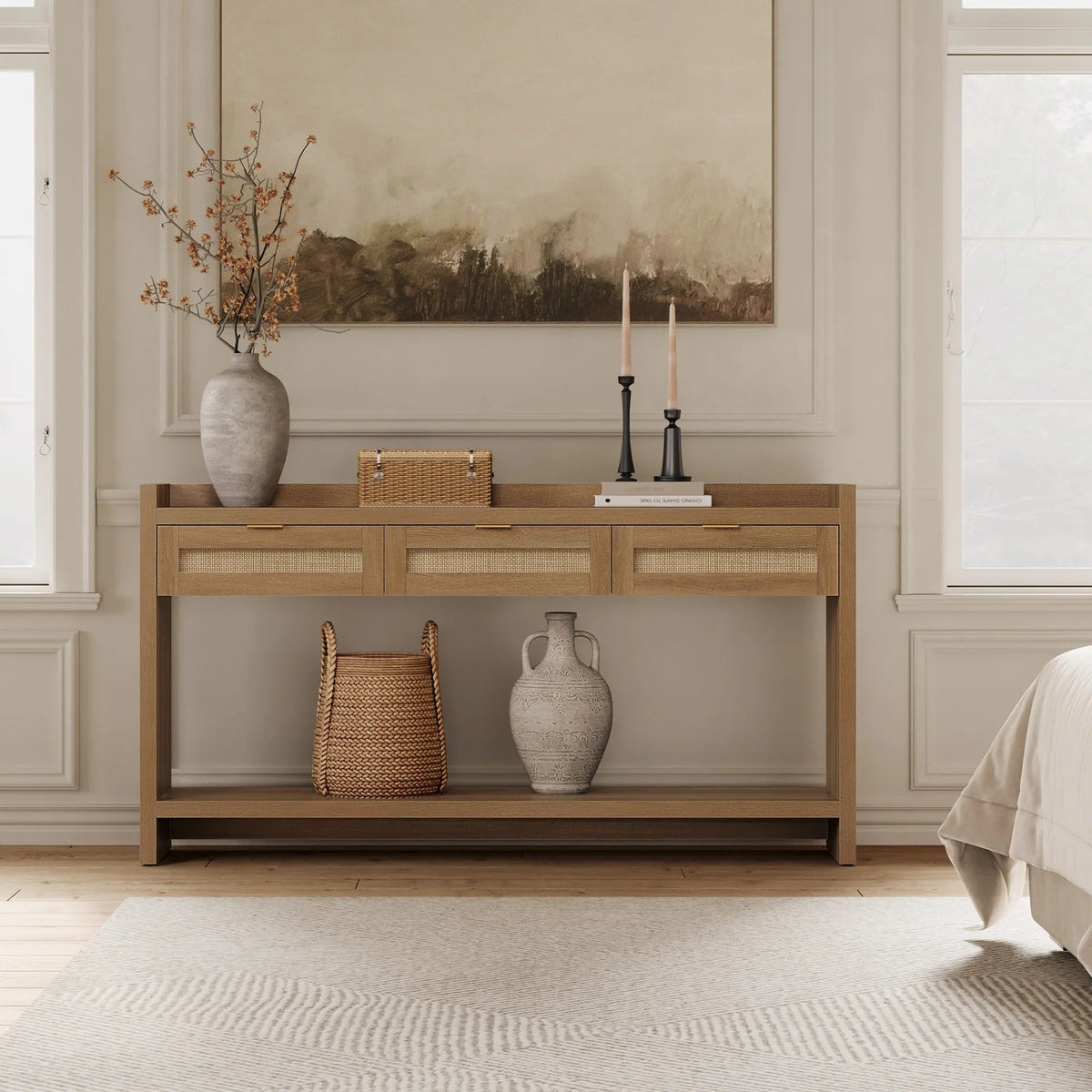 Savanna Rattan Console Table, 32'' Tall, Large Storage