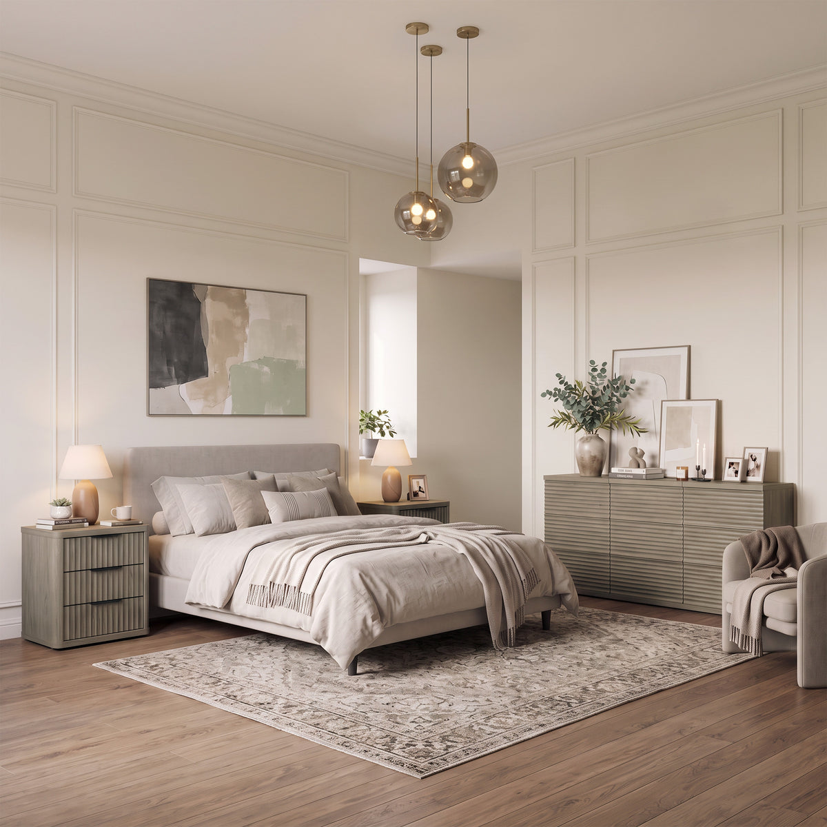 Stria Chest of 9 Drawers and Cas Night Tables Set