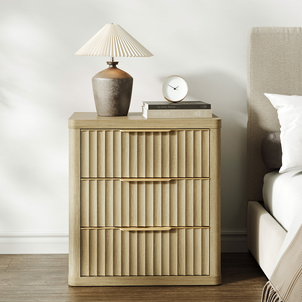 Cas 3 Drawers Nightstand with Golden Handle