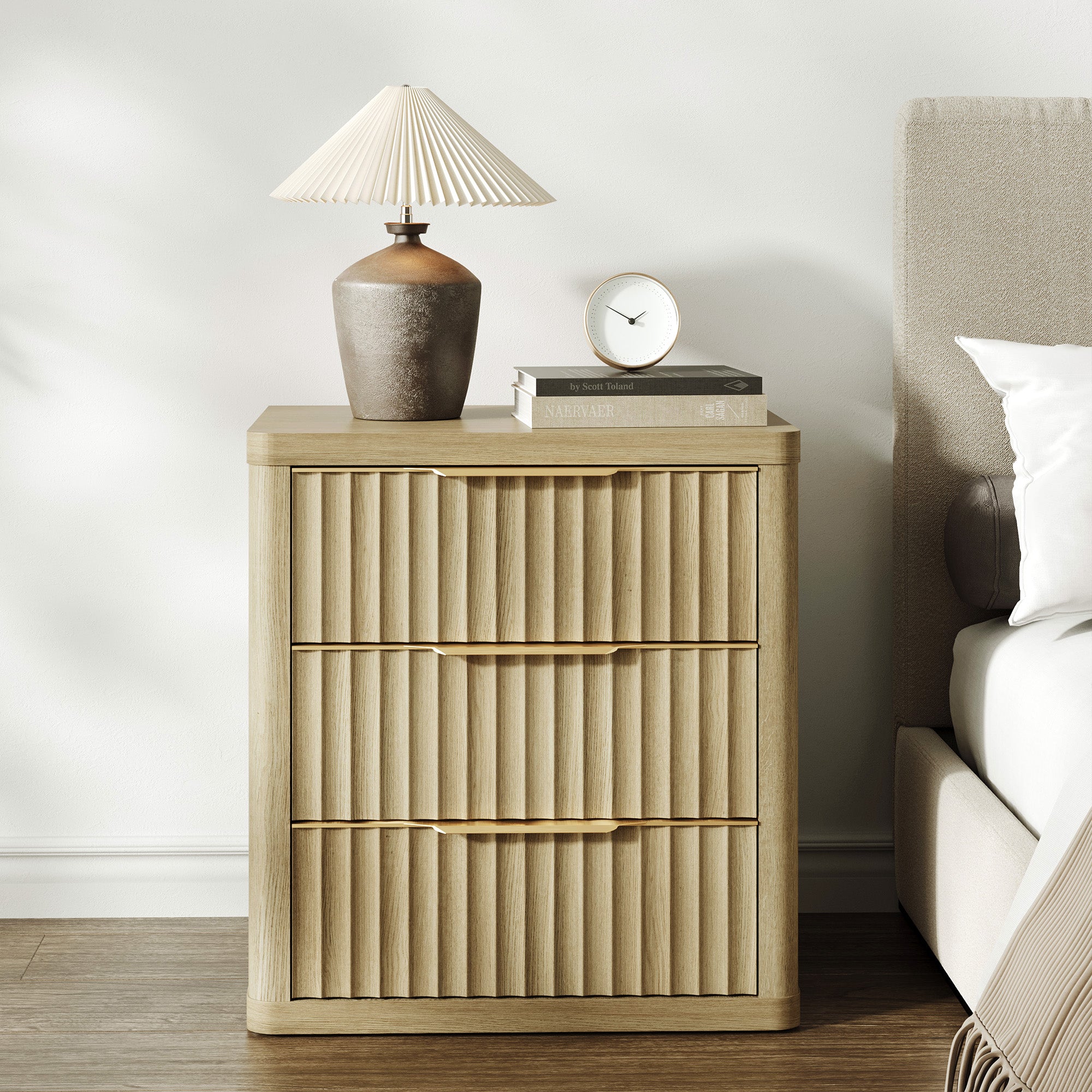 Cas 3 Drawers Nightstand with Golden Handle