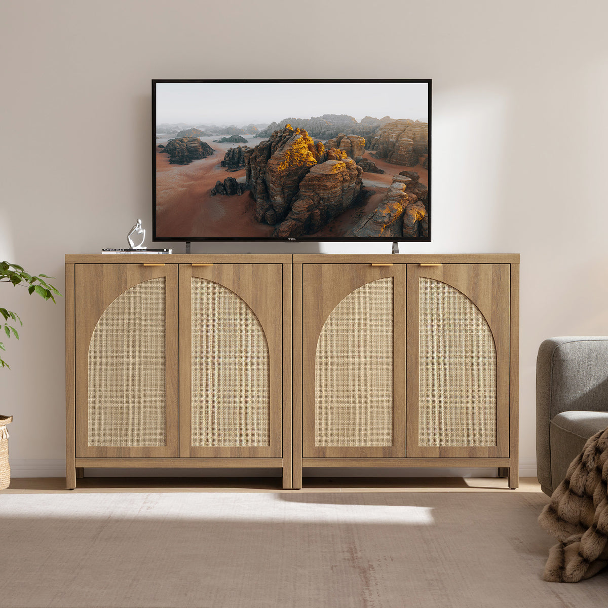 Savanna Rattan TV Stand with Arched Doors, Set of 2