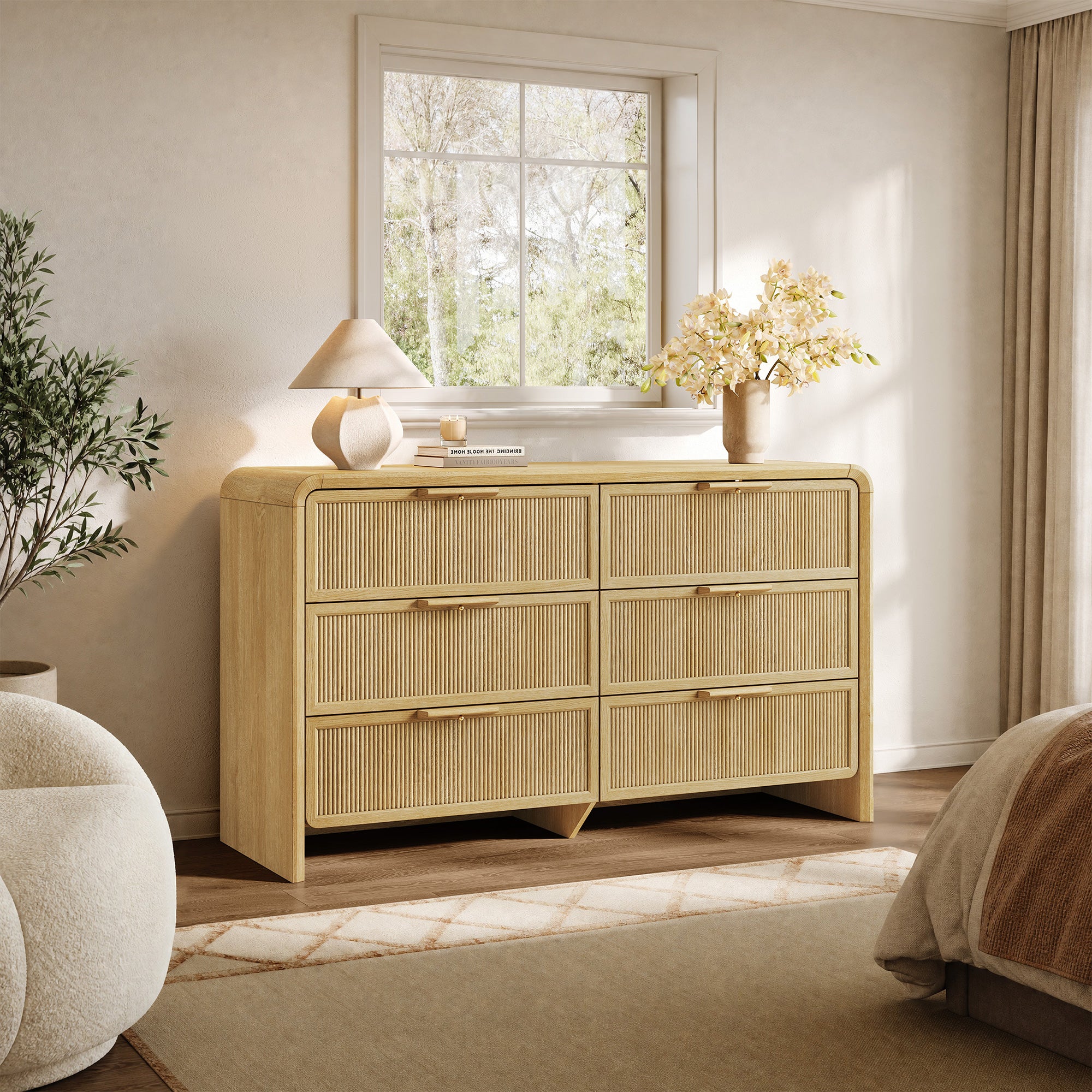 Alina 6 Drawers Dresser with Curved Edge, 55Inch Wide, Set of 2