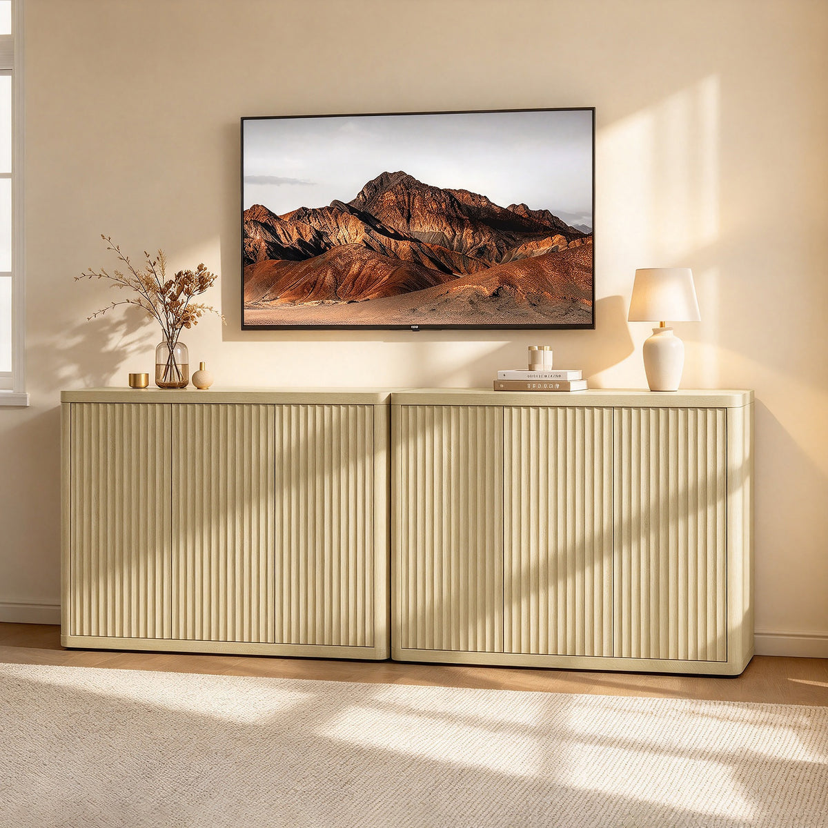 Cas Fluted TV Console Cabinet, 3 Doors Storage, Set of 2