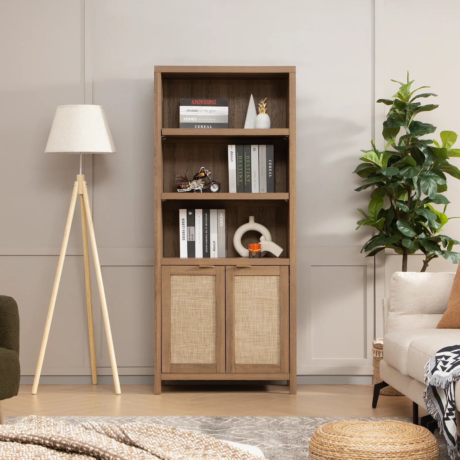 Modern wooden bookshelf with books, decor, and closed cabinets in cozy living room setting