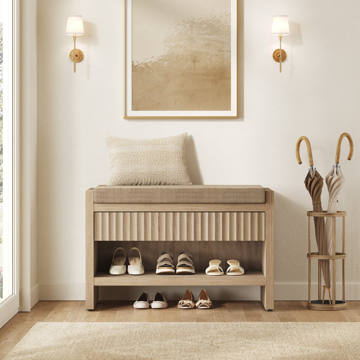 Prelude Upholstered Shoe Storage Bench for Entryway, Set of 2