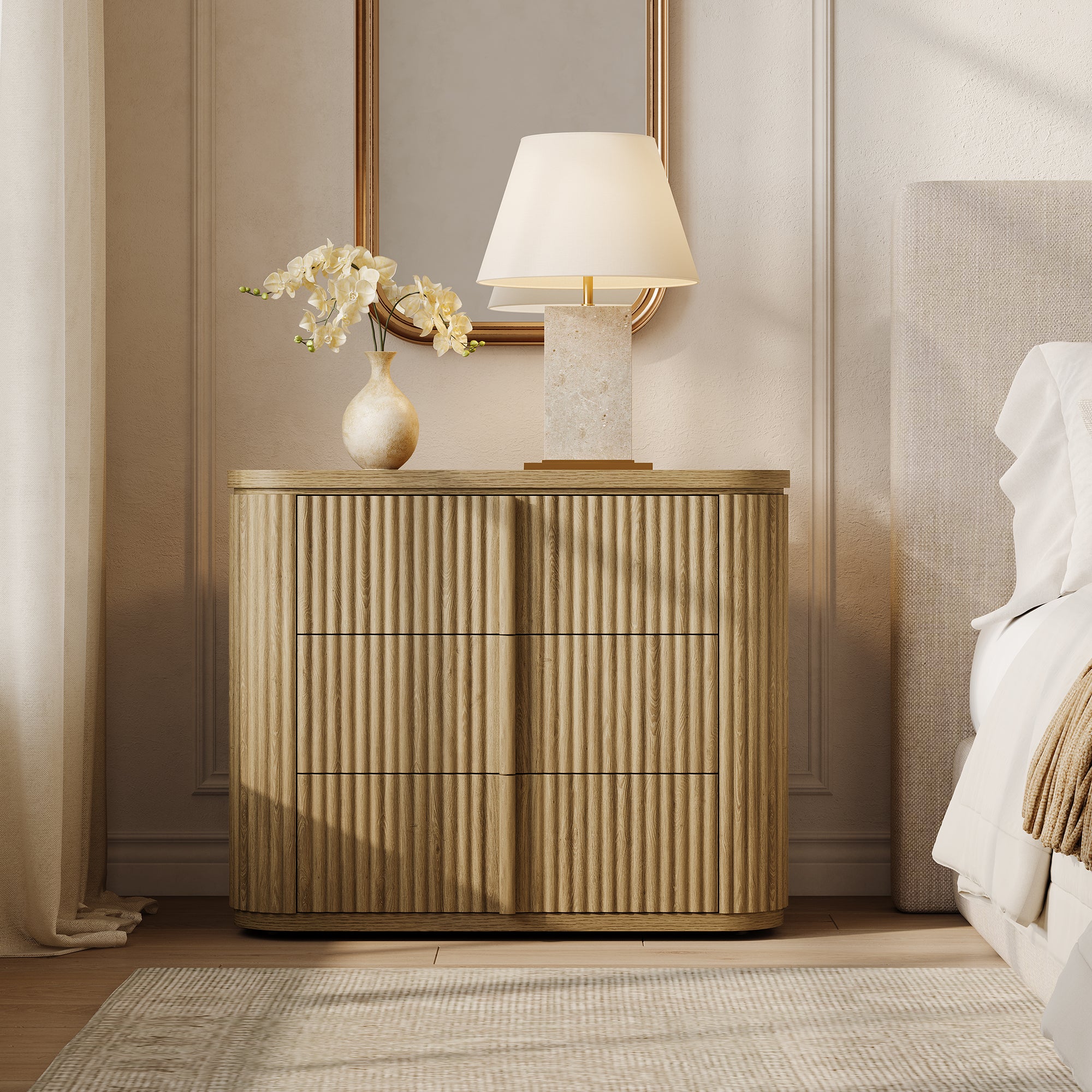 Ripple 3-Drawer Nightstand, Solid Wood Handle