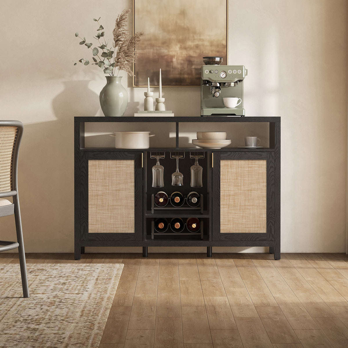 Savanna Bar Cabinet with Glass Holder - 2 Pieces - Reclaimed Light Oak