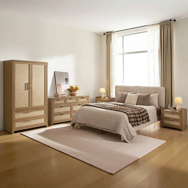 SICOTAS Rattan Wardrobe, 7 Drawers Dresser and Nightstand with Drawers 4 Piece Set, Modern Bedroom Sets with Storage and Charging Station