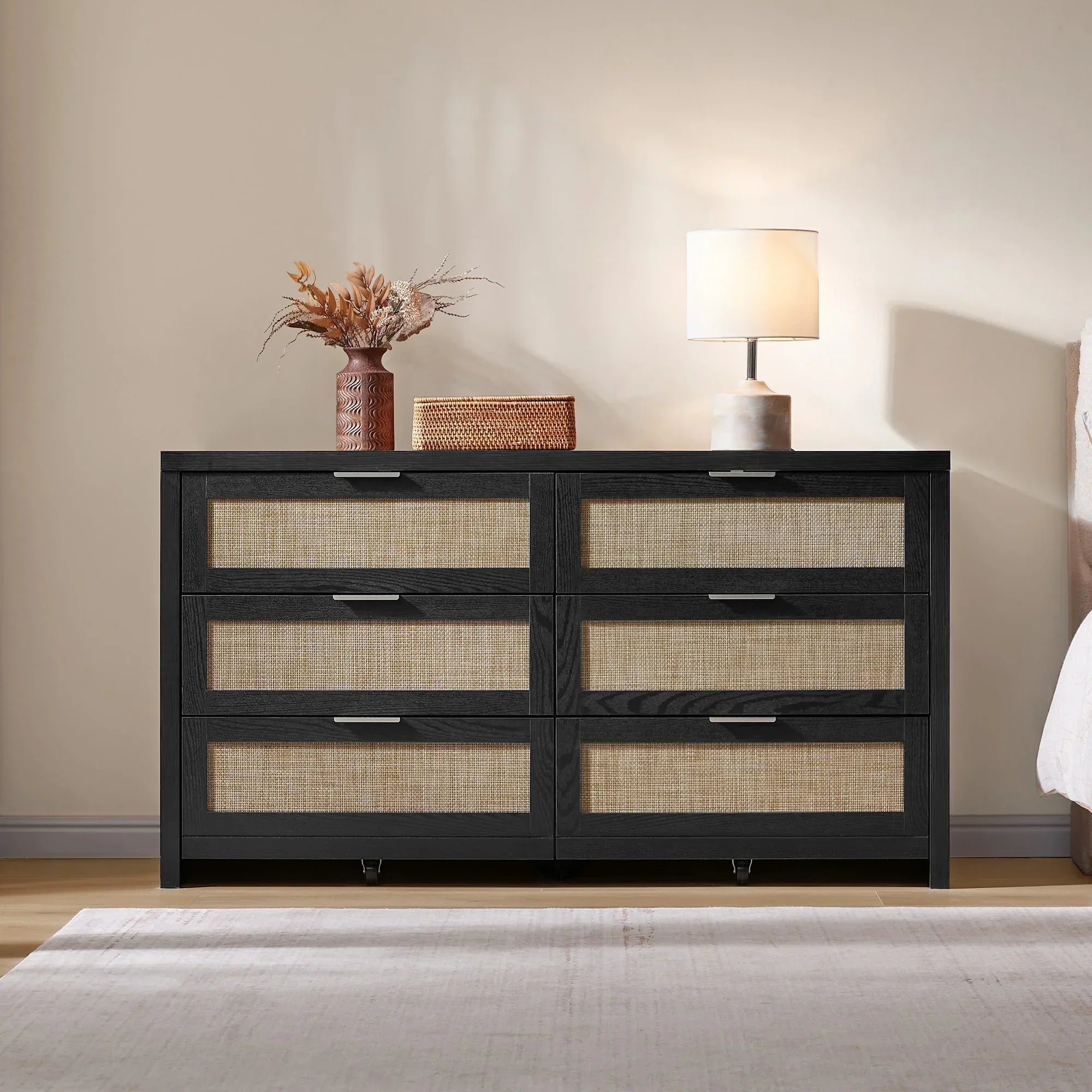 SICOTAS Savanna 6 Drawers Dresser, 56.4Inch Wide Wood Chest of Drawers Modern Dresser for Bedroom, Storage Chest Cabinet for Home, Black Oak