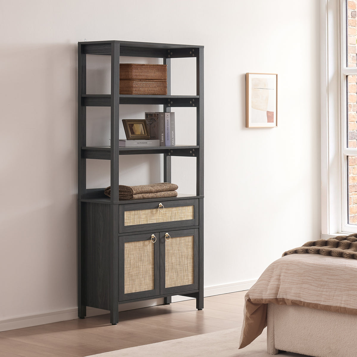 Terra Black Rattan Bookshelf, Large Storage